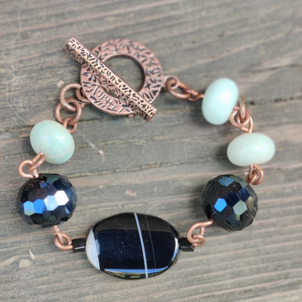 🔥 Vintage Copper Black Banded Agate,Jade And Faceted Black Onyx Bracelet - Picture 4 of 8